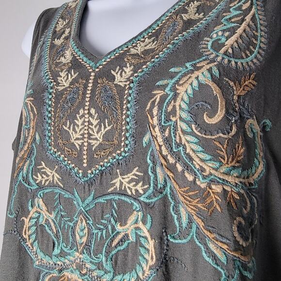 J.Jill Women’s M Green Embroidered Sleeveless Dress Cotton Tencel Boho Artsy - Picture 2 of 8